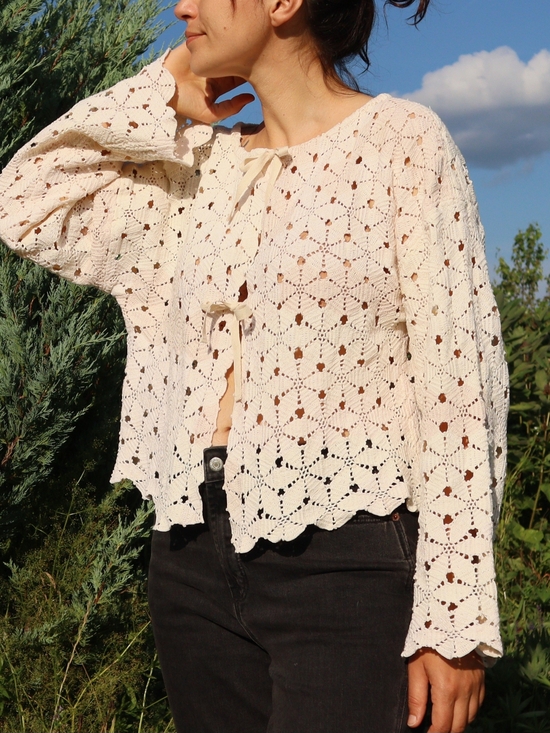 Handmade Sweaters - Upcycled Vintage Crochet Tablecloth Tie-Front Sweater Cardigan - Cream L • XL